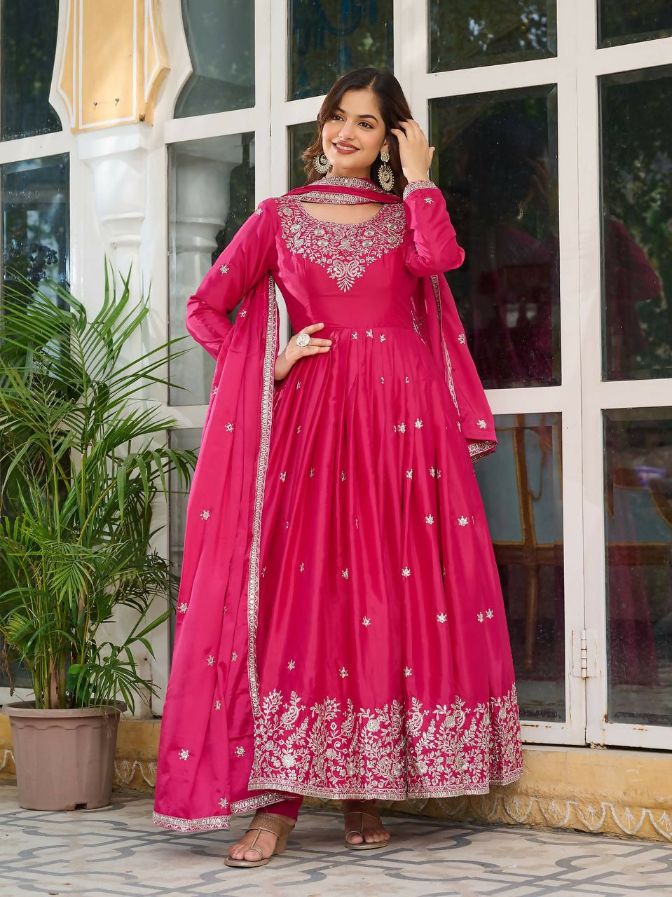 The52 Women's Beautiful American Silk Fabric Embroidery Work Flared Anarkali Pant and Dupatta Set - Distacart