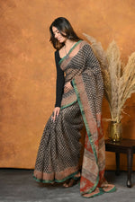 Thumbnail for Very Much Indian Handloom Pure Kota Cotton Handblock Printed Saree - Cerulean Print - Distacart
