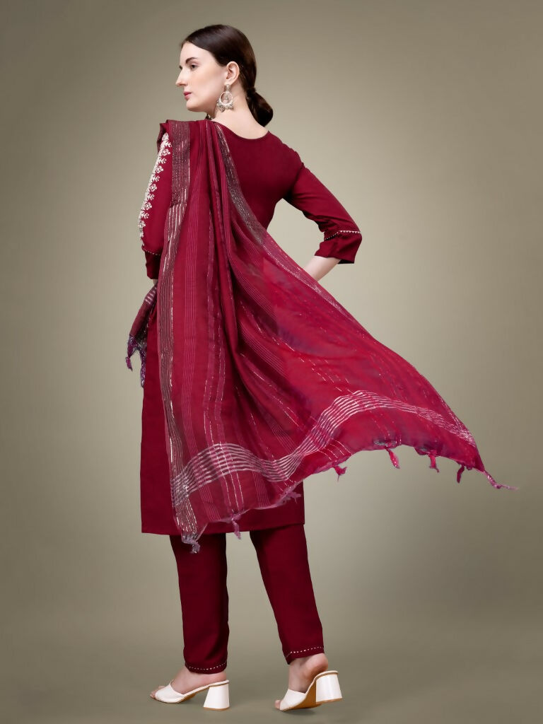 Jyoti Fashion Women's Maroon Cotton Blend Embroidery & Sequence work Kurta with Trouser & Dupatta - Distacart