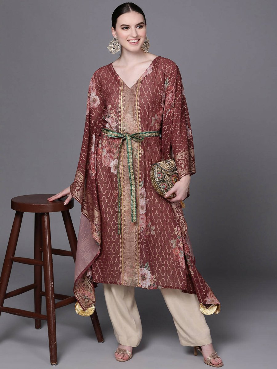 Ahalyaa Women Maroon Floral Printed Flared Sleeves Kaftan Kurta - Distacart