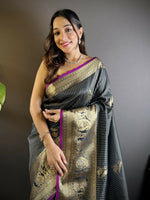Thumbnail for Joban Fashion Black Striped With Floral Motifs Soft Silk Leheriya Saree
