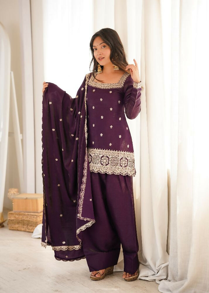 Teeya Creation Deep Wine Embroidered Festive Salwar Suit Set - Dista