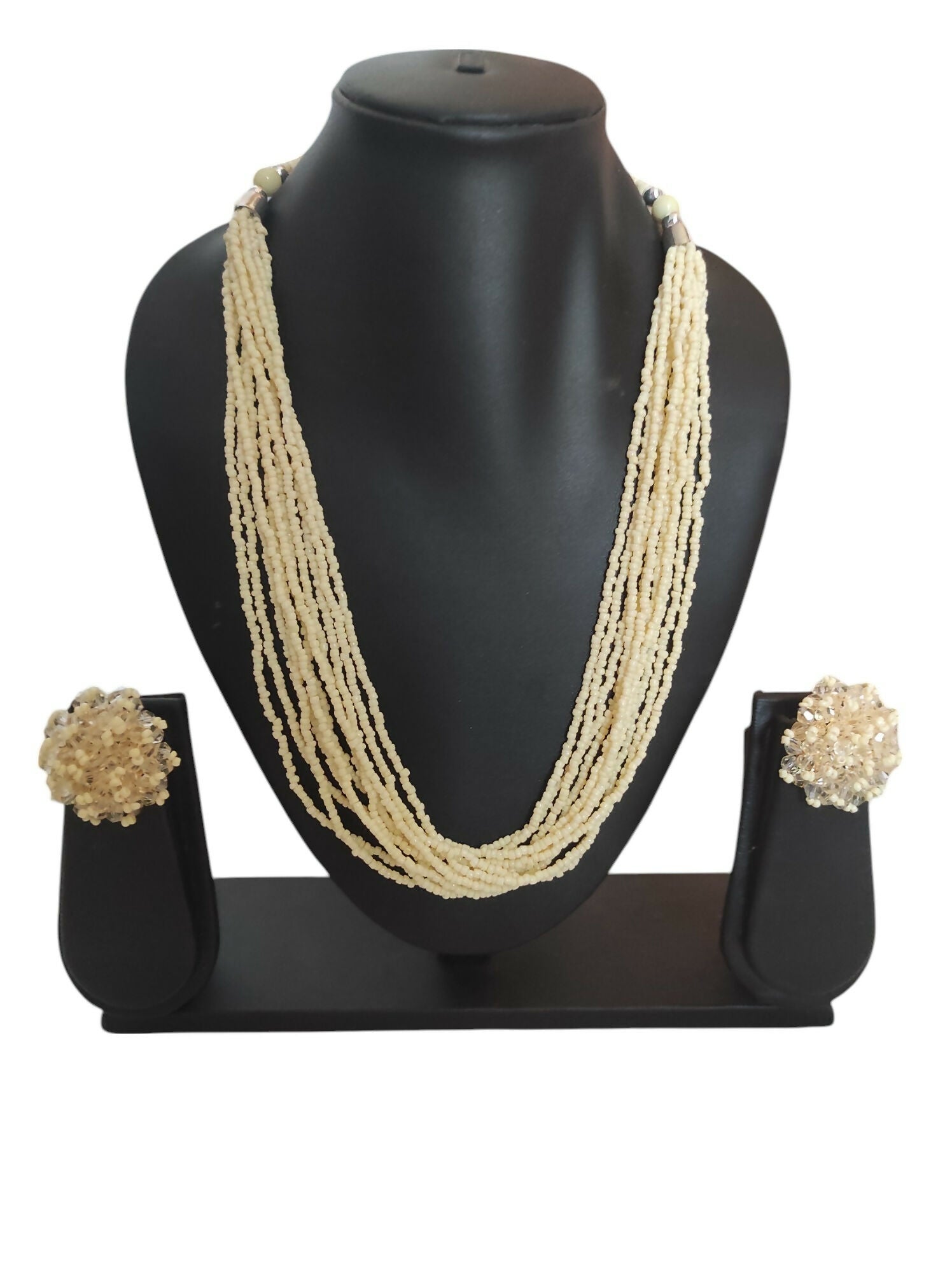 Inhanns Bloom Handmade Beaded Necklace With Earrings - 12 Layers - Cream Necklace Set - Distacart