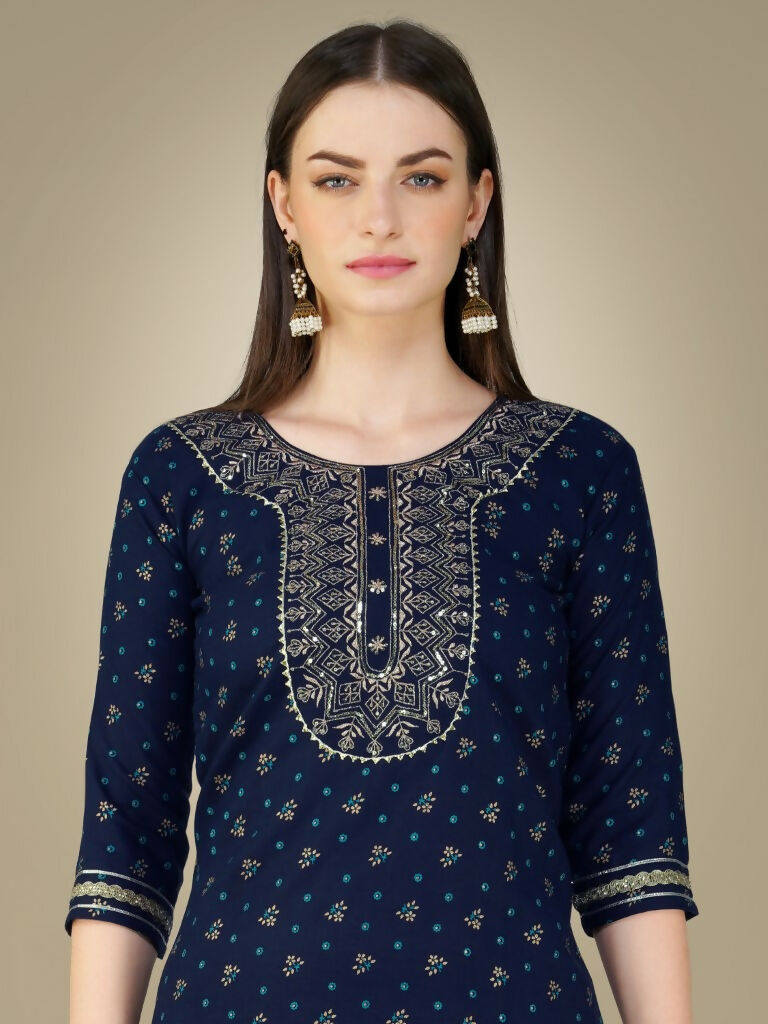 Jyoti Fashion Women's Navy Blue Cotton Magic Slub Embroidery & Sequence work Kurta with Trouser & Dupatta - Distacart