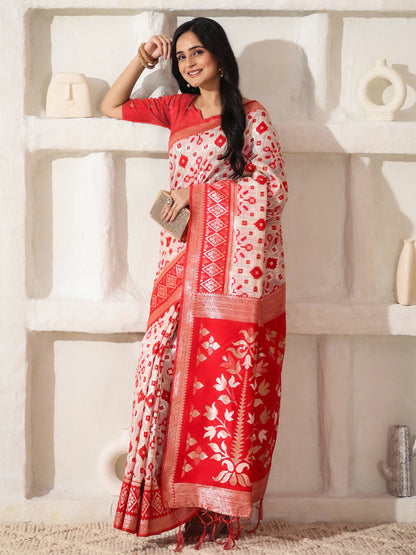 Shree Shyam Fashion Linen Cotton Red & White Saree - Distacart