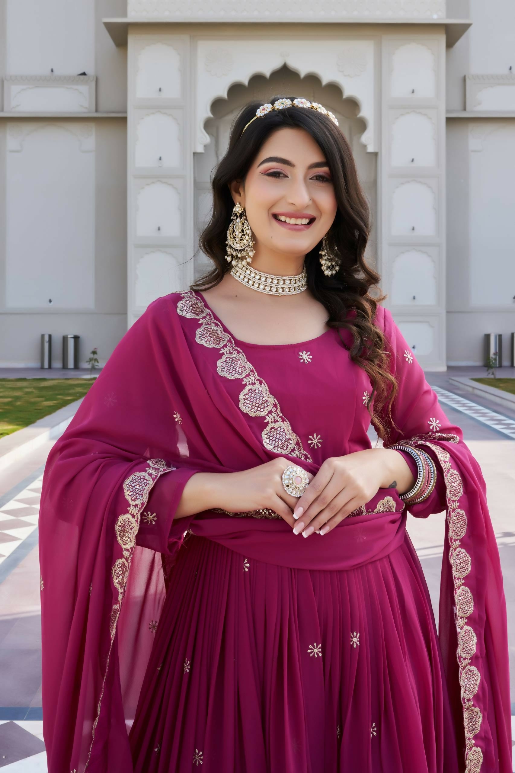 Teeya Creation Womens Wedding Wear Heavy Sequence Embroidery Work Pink Gown Set - Dista