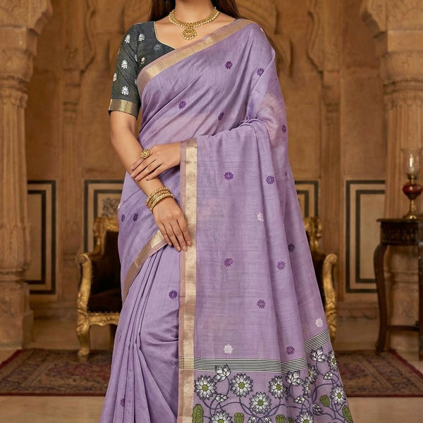 Vastranavya Lavender Muga Cotton Meenakari & Azarakh Pallu Saree with Contrast Blouse - Distacart
