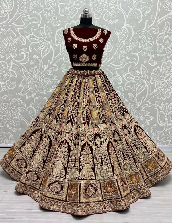 Jyoti Fashion Women's Maroon Velvet Dori, Multi Thread Embroidered with Diamond Work Wedding Lehenga Choli - Distacart