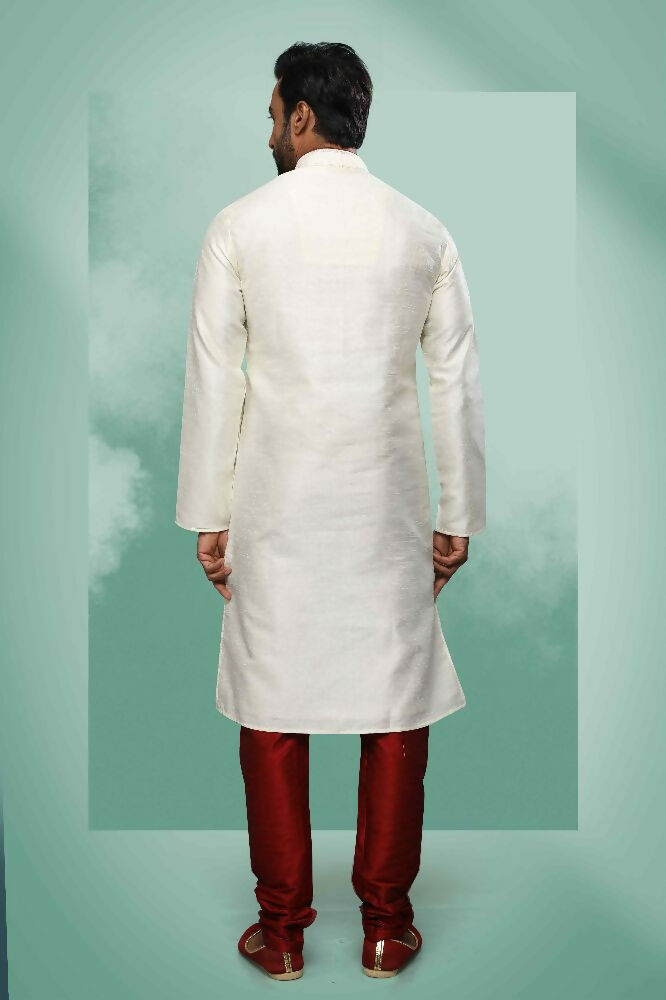 Raivat Ethnic Art Silk Mirror Embroidery Work Kurta Pajama In Cream Colour - Dista