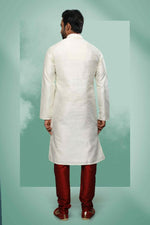 Thumbnail for Raivat Ethnic Art Silk Mirror Embroidery Work Kurta Pajama In Cream Colour - Dista