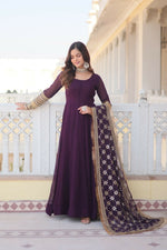 Thumbnail for Jyoti Fashion Women's Wine Faux Blooming Sequins Zari Embroidered Anarkali Dress with Dupatta - Distacart