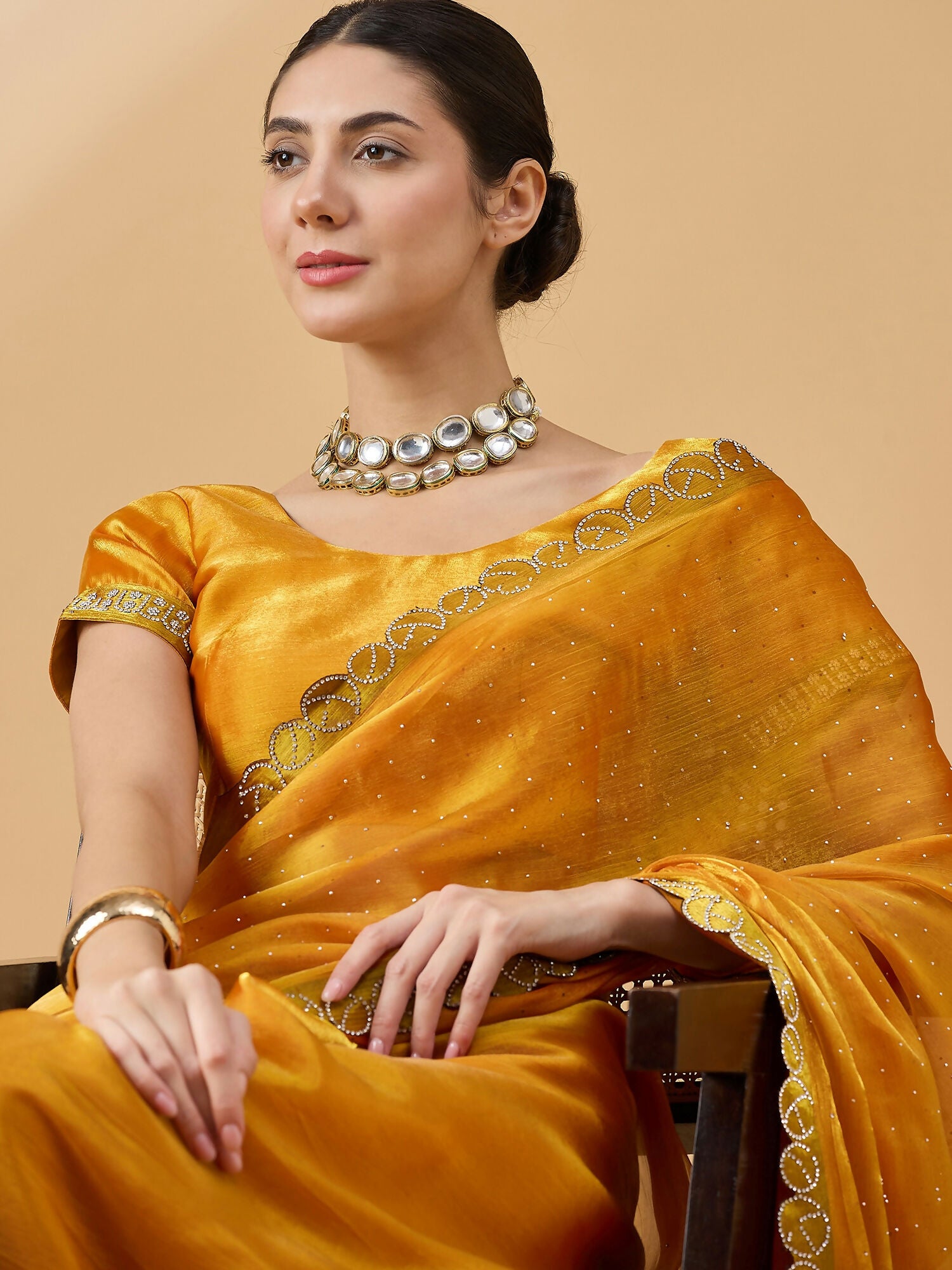 Mustard Organza Swaroski Diamond Work Saree with Unstitched Blouse - Radha - Distacart