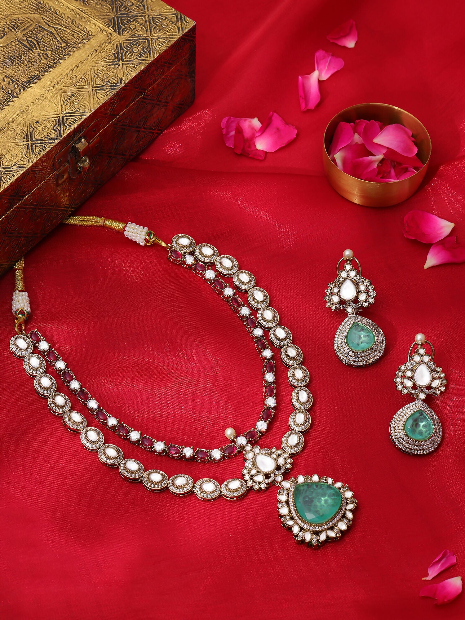 Ruby Raang 22k Gold Polished Stonework Moissanite Necklace With Earrings