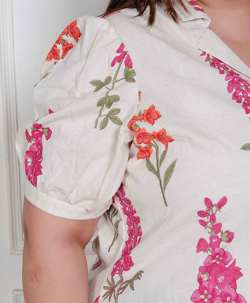 Miravan Plus Size Womens Off White Flower Printed Cotton Flex Maxi Dress