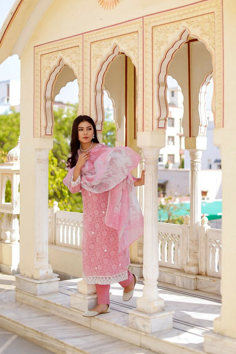 Vaasva Women Candy Pink Linen Printed Kurta, Pant & Dupatta set - Distacart