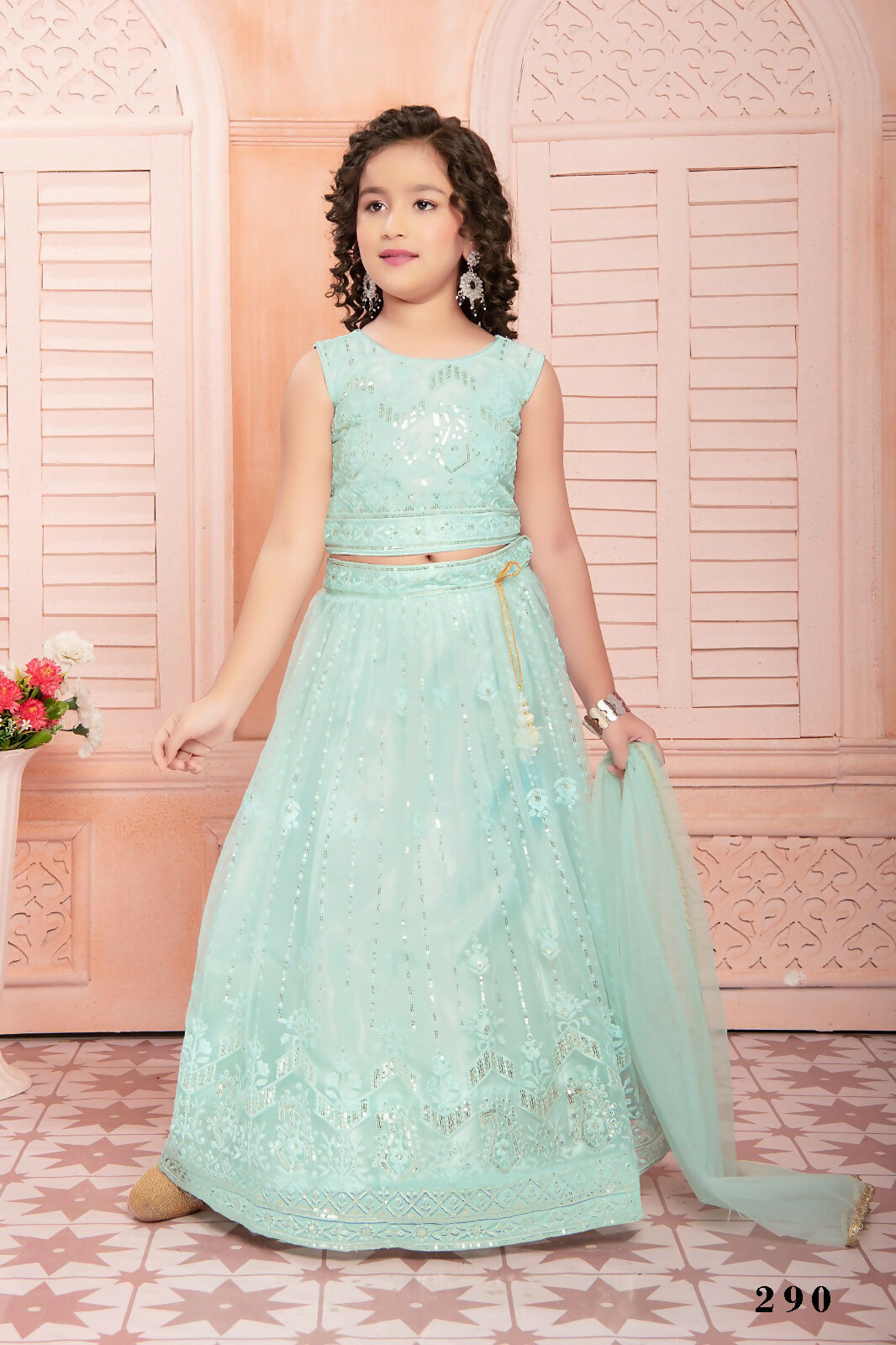 Kids Functional Designer Ocean Blue soft Net Lehenga choli - Aaradhna - Distacart