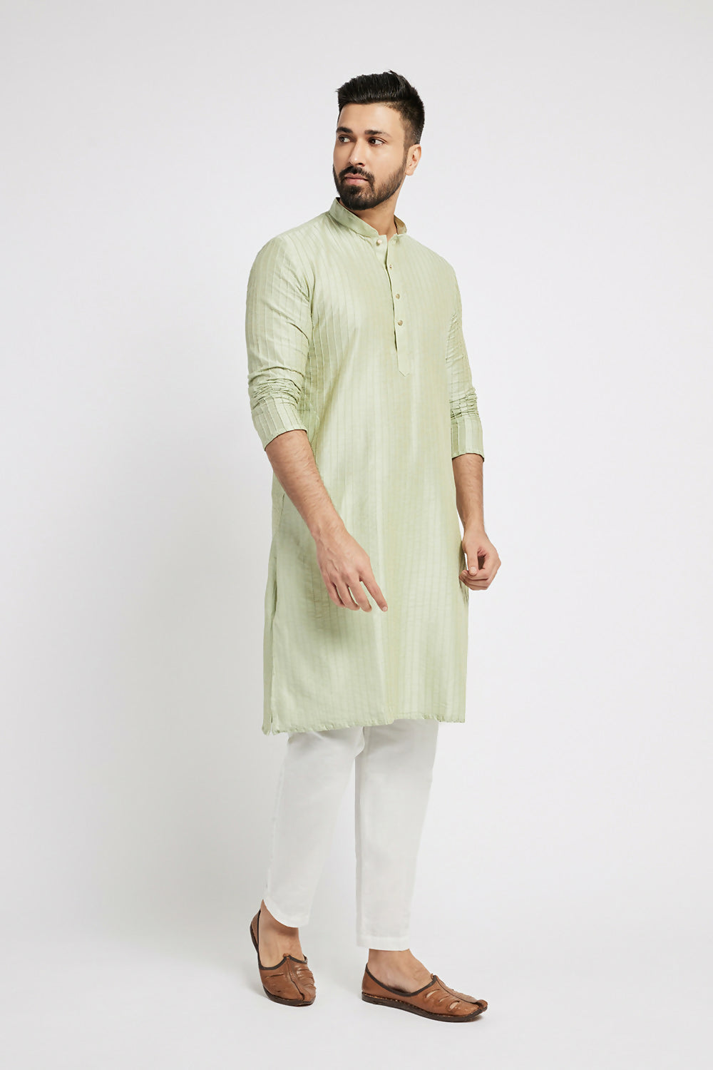 Ethnic India Green Men's Kurta Striped Polyester - Distacart
