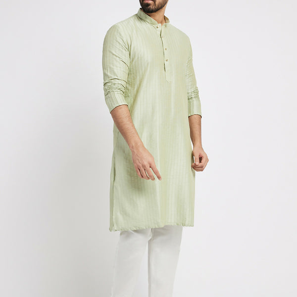Ethnic India Green Men's Kurta Striped Polyester - Distacart