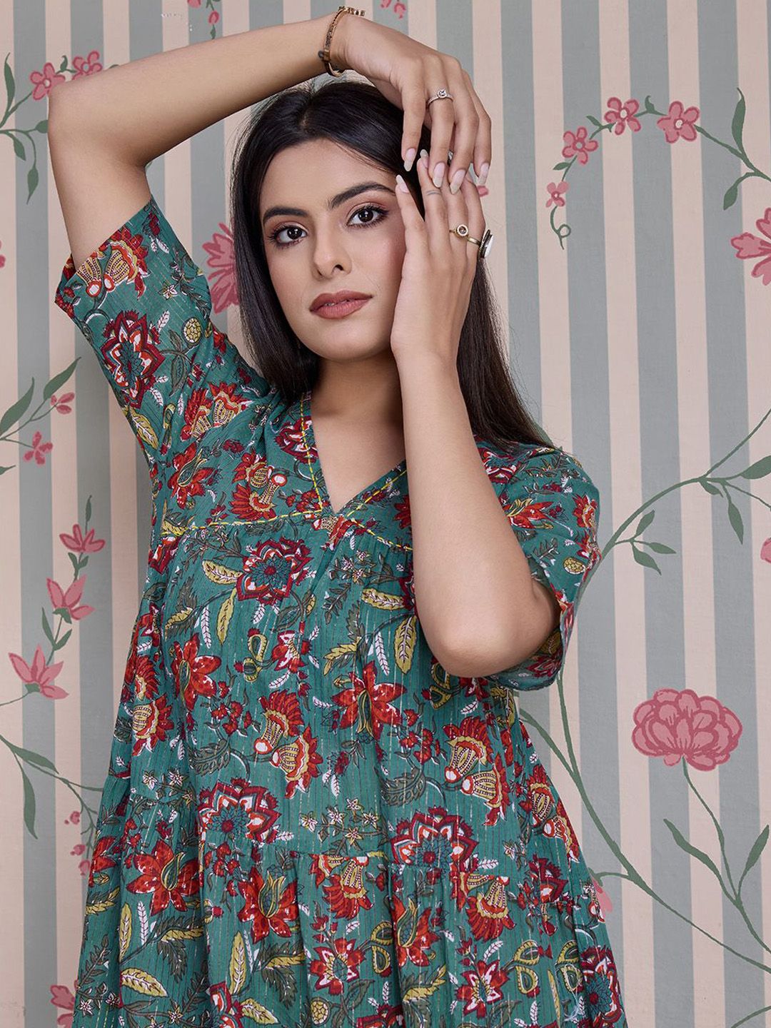 Ode by House of Pataudi Floral Printed Pure Cotton Anarkali Kurta with Trousers - Distacart