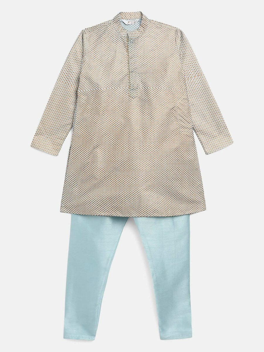 Ahalyaa Powder Blue Poly Silk Gold Print Kids Kurta Churidar Set For Boys - Distacart