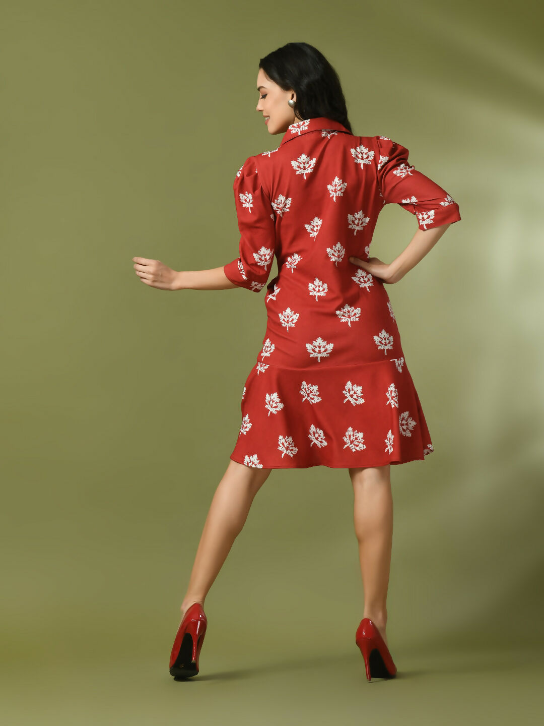 Myshka Women's Rust Printed Shirt Collar Fit and Flare Party Dress - Distacart