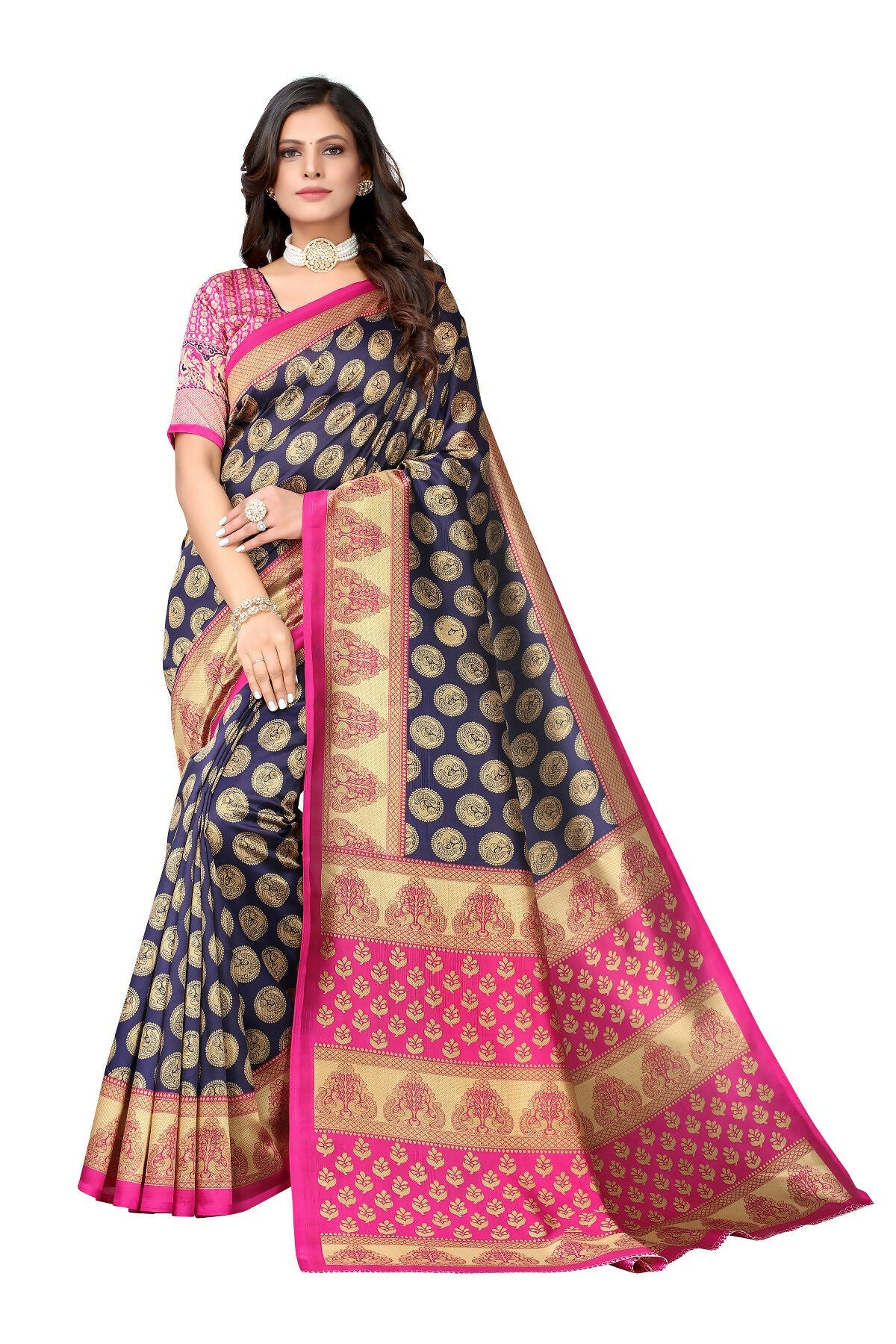 Vamika navy Printed Art Silk Saree - Distacart