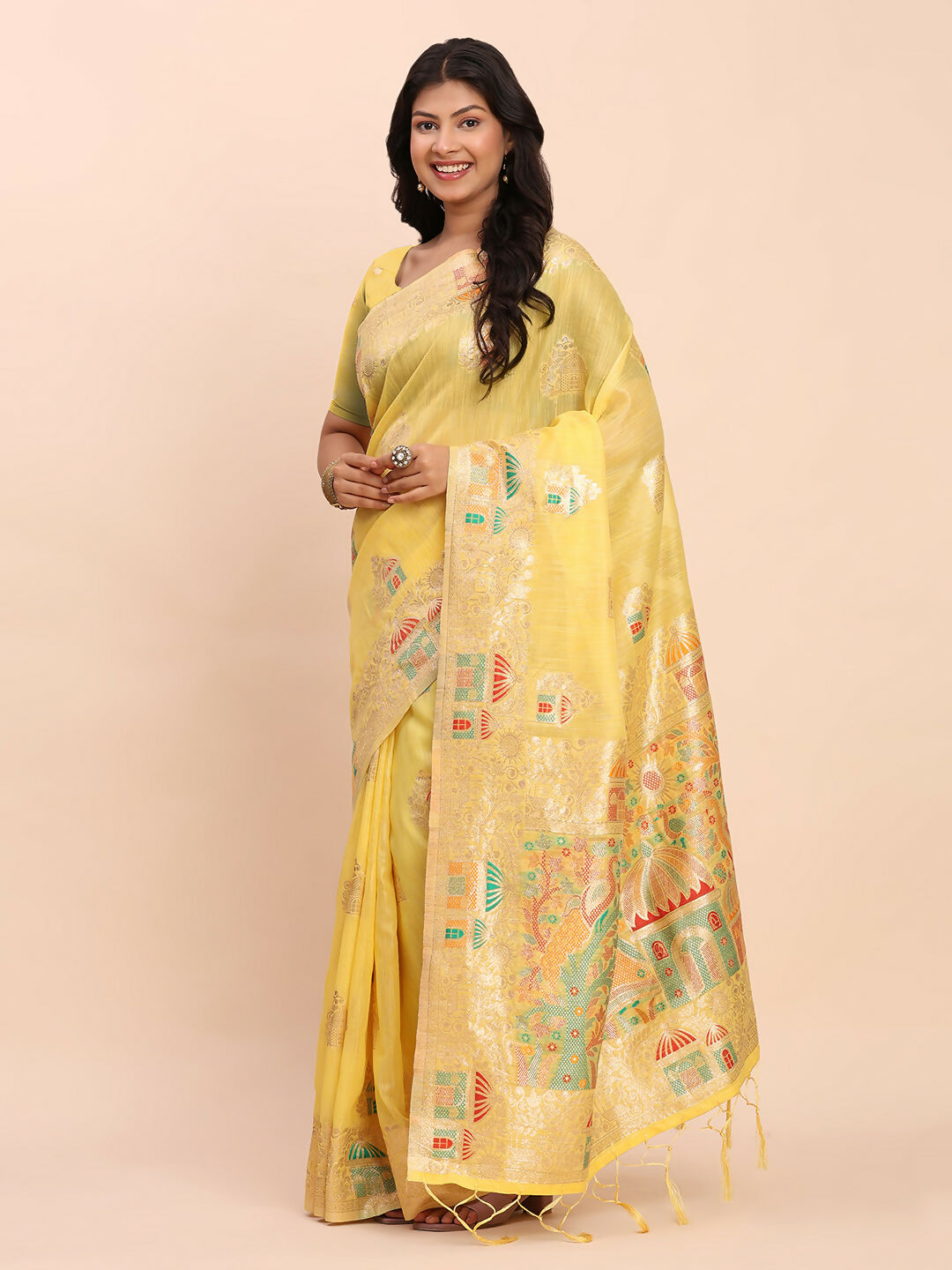 Astita Linen Cotton Yellow Saree