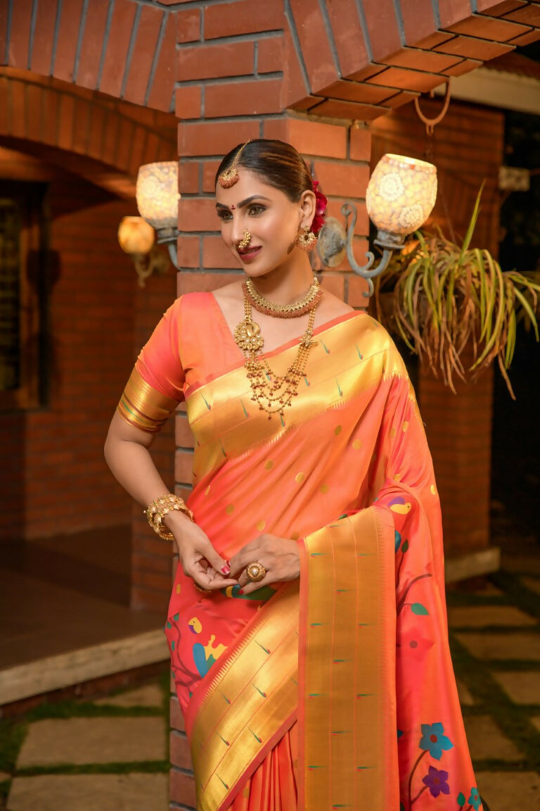 Jyoti Fashion Women's Orange Paithani Silk Zari Woven Saree with Blouse - Distacart