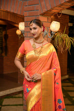 Thumbnail for Jyoti Fashion Women's Orange Paithani Silk Zari Woven Saree with Blouse - Distacart