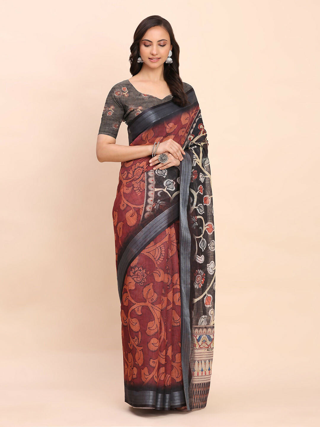 Astita Linen Cotton Maroon Saree