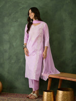 Thumbnail for The52 Purple Women's Gorgeous Cotton Blend Fabric Thread Work Straight Kurta, Pant and Dupatta Set - Distacart