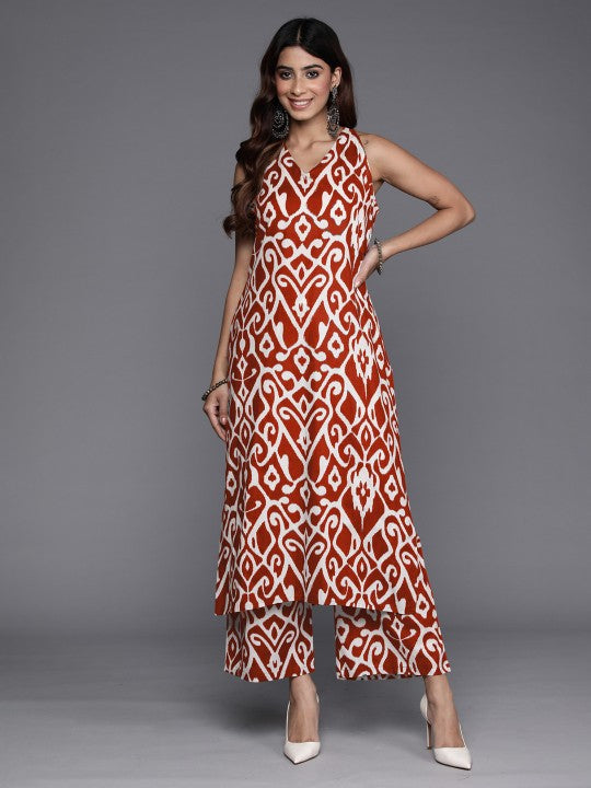 Varanga Women Red Ikat Printed Straight Kurta With Palazzo - Distacart