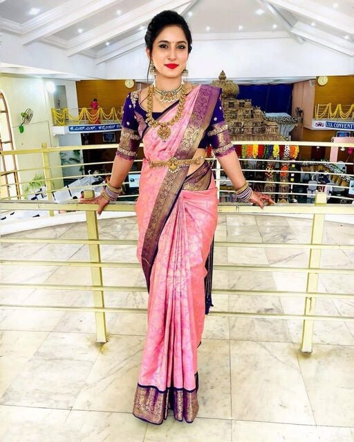 Vamika Weaving Banarasi Jacquard Pink Kanjivaram Saree - Distacart