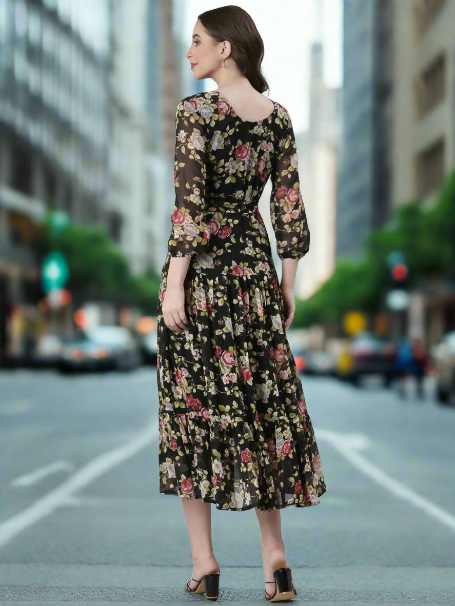 Souchii Black Floral Chiffon Dress