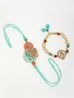 Thumbnail for NVR Women & Men Set of 2 Multicolor Stone-Studded & Beaded Bhaiya Bhabhi Rakhi With Roli Chawal & Chocolate - Distacart