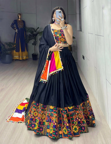 Yash Enterprise Black Rayon Cotton Embroidery Semi Stitched Navratri Chaniya Choli - Dista