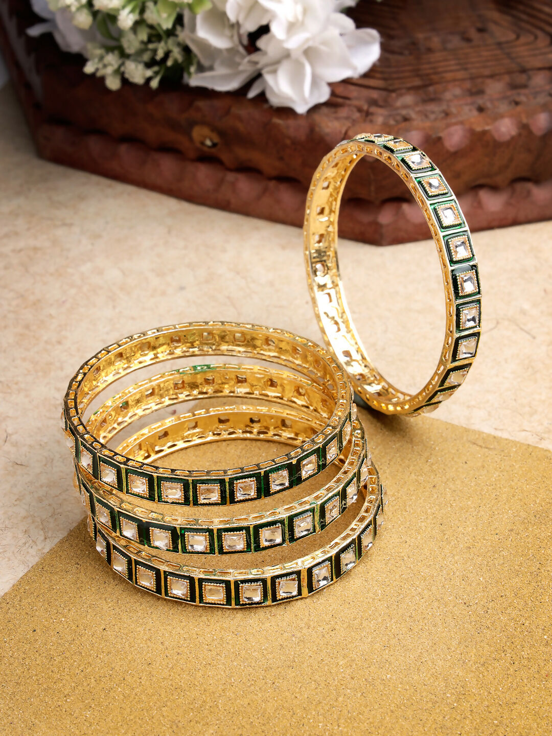 NVR Women's Set Of 4 Gold-Plated Green Kundan-Studded Traditional Bangles - Distacart