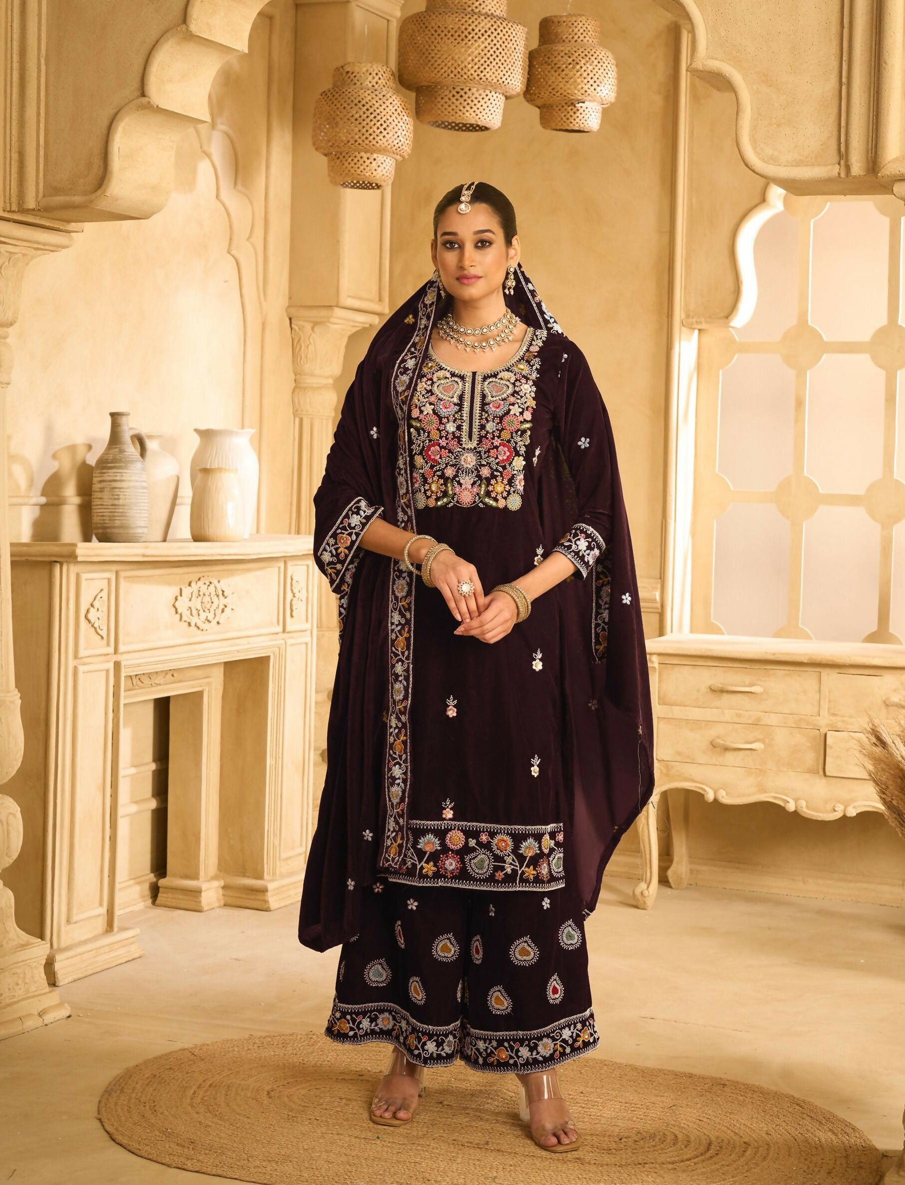 Anaita Maroon Embroidered Velvet Stitched Plazo Suit - Distacart