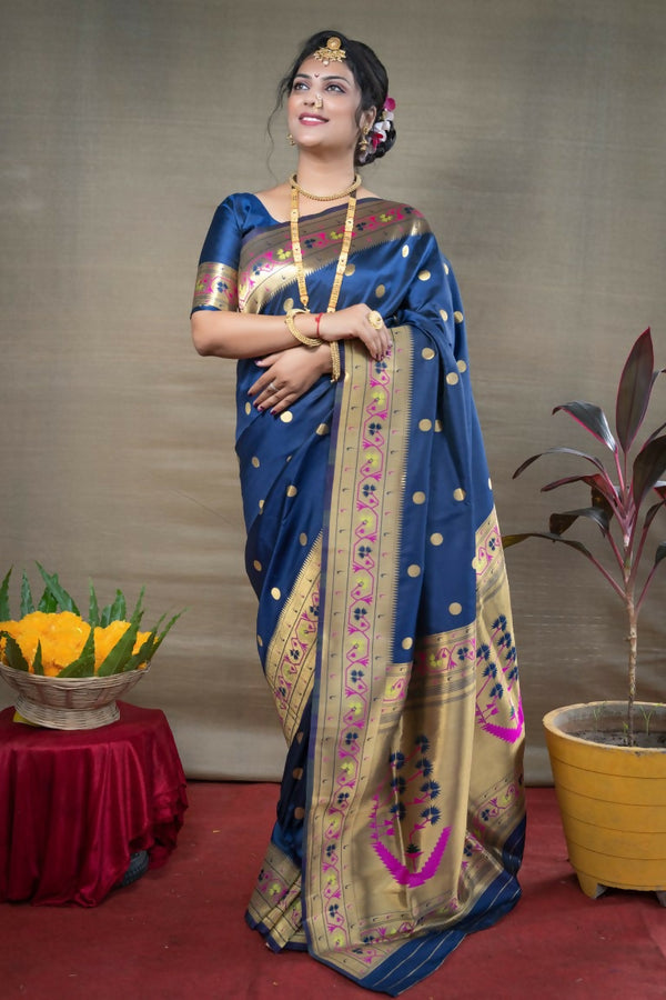 Jyoti Fashion Women's Blue Paithani Silk Zari Woven Saree with Blouse - Distacart