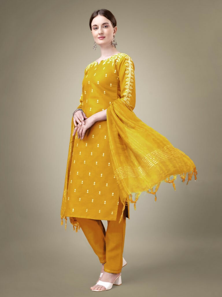 Jyoti Fashion Women's Yellow Cotton Blend Embroidery & Sequence work Kurta with Trouser & Dupatta - Distacart