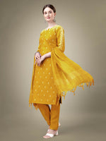 Thumbnail for Jyoti Fashion Women's Yellow Cotton Blend Embroidery & Sequence work Kurta with Trouser & Dupatta - Distacart