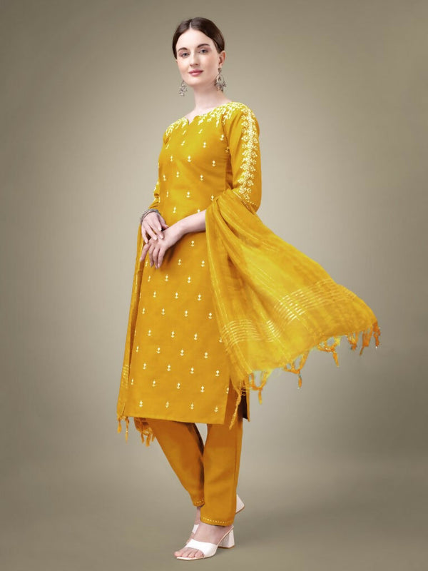 Jyoti Fashion Women's Yellow Cotton Blend Embroidery & Sequence work Kurta with Trouser & Dupatta - Distacart