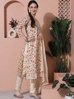 Thumbnail for Jyoti Fashion Women's Beige Cotton Floral Digital Printed Kurta with Trouser & Dupatta - Distacart