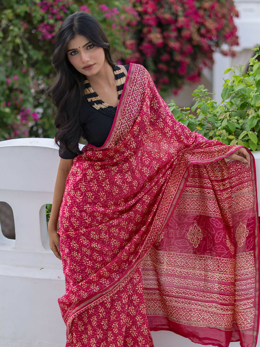 Zibaa Hand-Blocked Pure Chanderi Silk Pink Saree