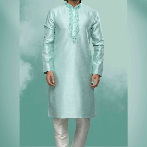 Raivat Ethnic Art Silk Mirror Embroidery Work Kurta Pajama In Pista Green Colour - Dista