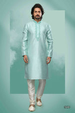 Thumbnail for Raivat Ethnic Art Silk Mirror Embroidery Work Kurta Pajama In Pista Green Colour - Dista