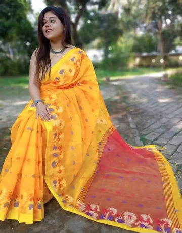 Exclusive Collection Yellow Beautiful Handloom Silk Cotton Saree - Dista