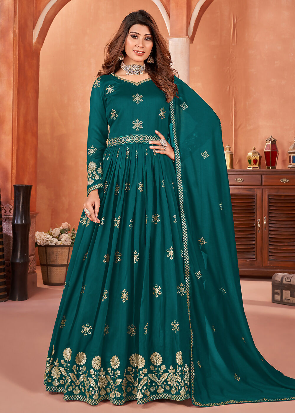 Rama Green Festive Embroidered Art Silk Anarkali Suit - Emponline - Distacart