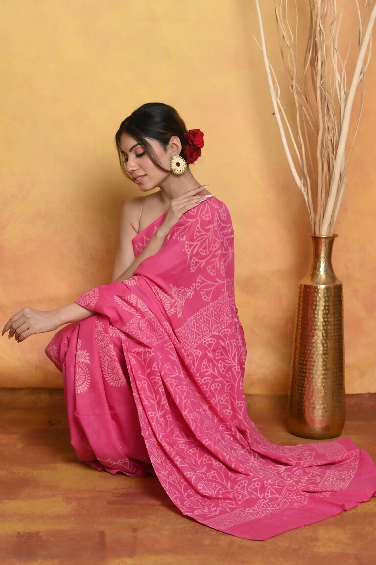 Very Much Indian Handblock Printed Cotton Saree With Natural Dyes - Pink - Distacart