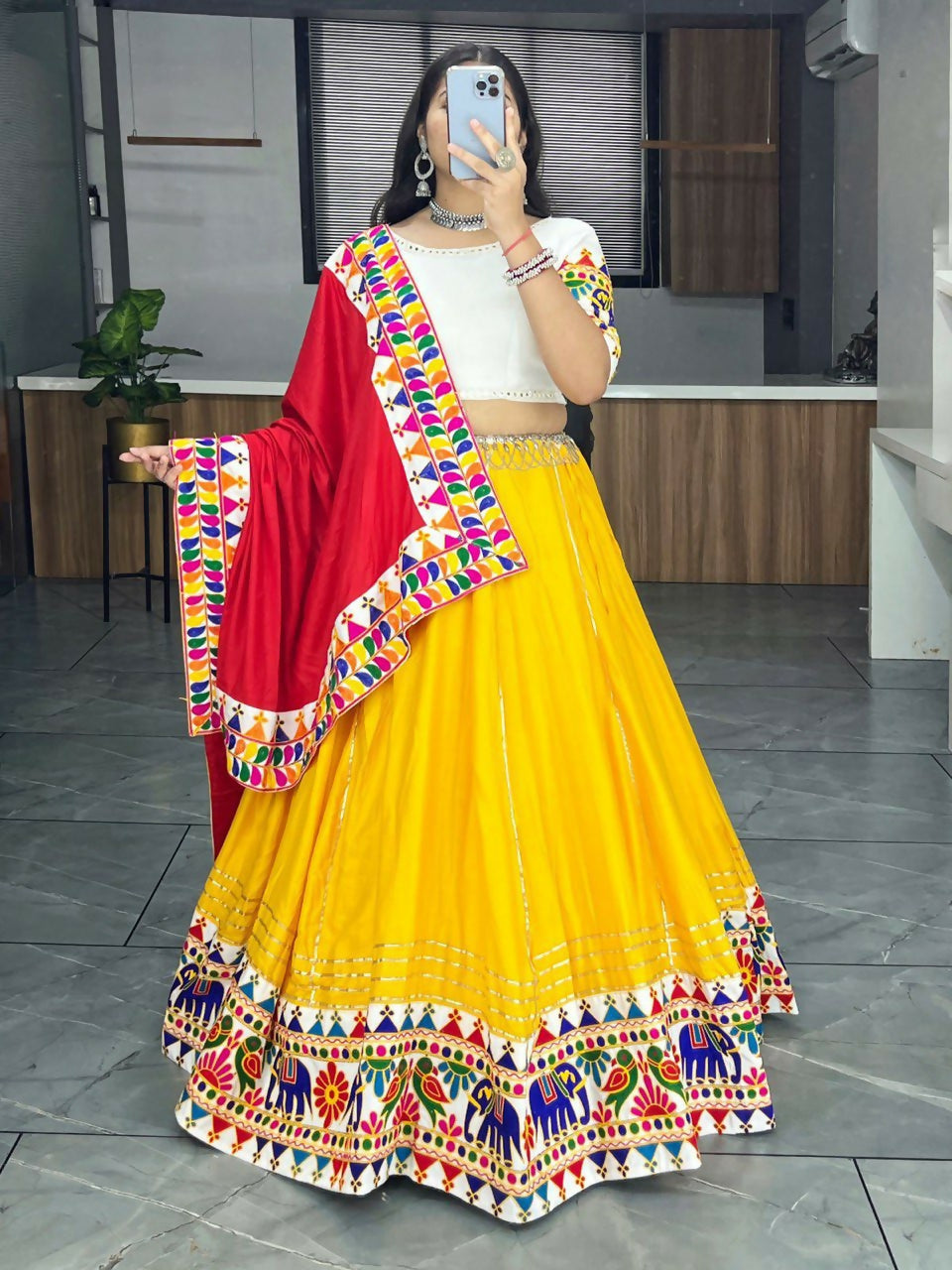 Yash Enterprise Yellow Rayon Cotton Embroidery Semi Stitched Navratri Chaniya Choli - Dista